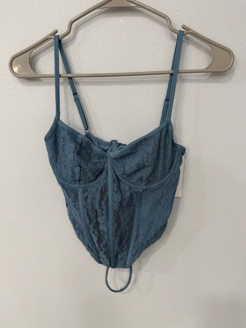 Land of the Free Dusty Blue Floral Lace Spaghetti Strap Bustier Top